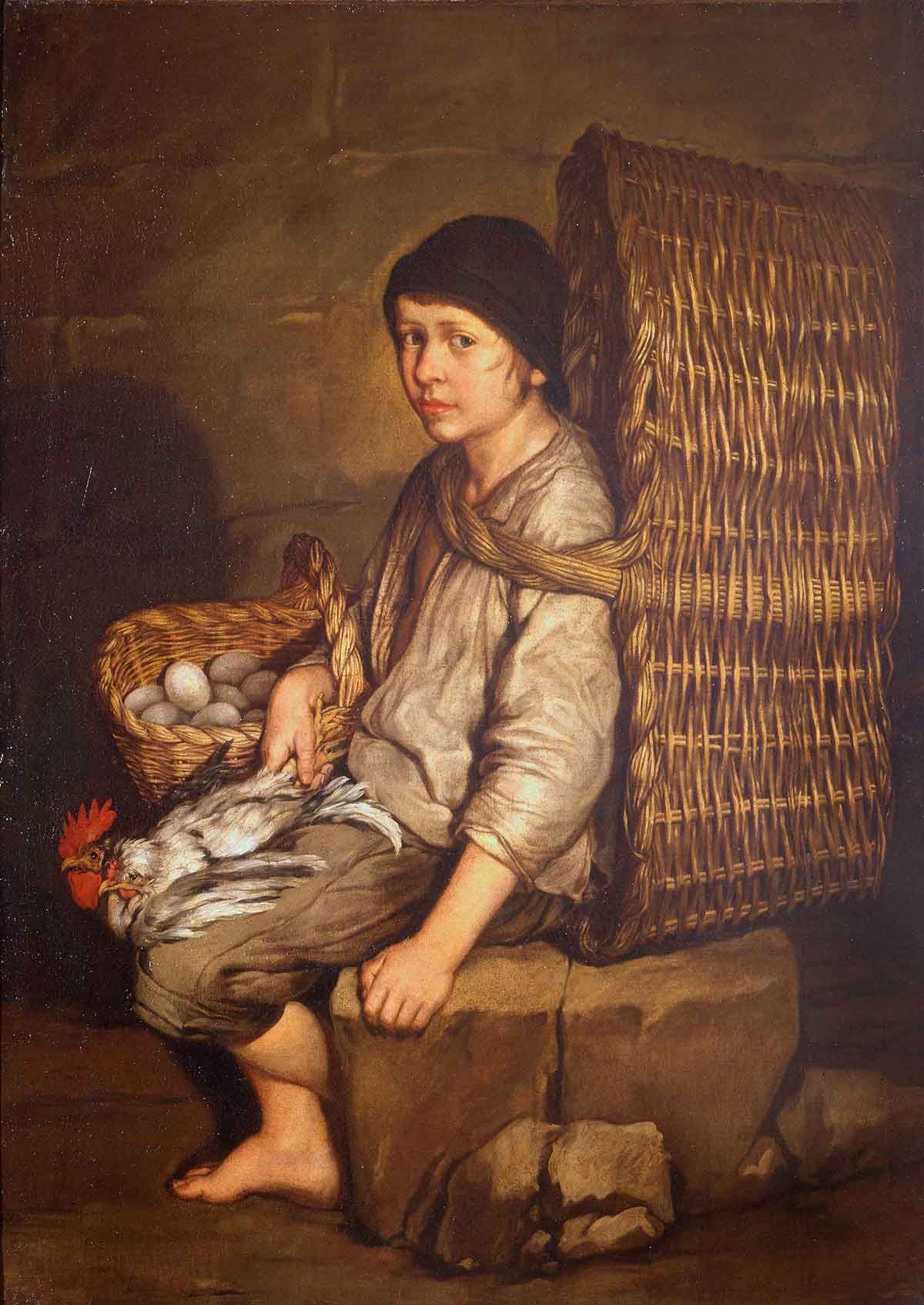 Errand Boy Seated with a Basket on His Back, Eggs and Poultry